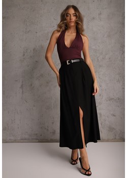 Czarna Rozkloszowana Spódnica z Wiskozy Zdobiona Rozcięciem i Paskiem Urilia ze sklepu renee.pl w kategorii Spódnice - zdjęcie 188889676