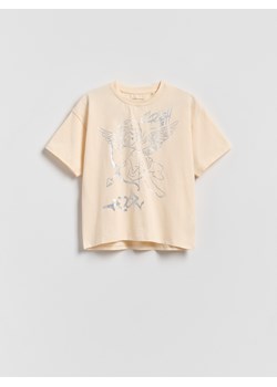 Reserved - T-shirt z metalicznym nadrukiem - kremowy ze sklepu Reserved w kategorii Bluzki dziewczęce - zdjęcie 188895687