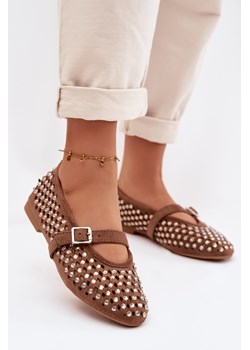 Damskie Baleriny Ażurowe Z Paskiem I Cyrkoniami Brązowe Wilvessa ze sklepu ZAZOO w kategorii Balerinki - zdjęcie 188896115