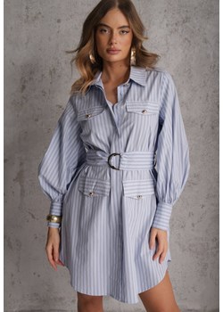 Niebieska Koszulowa Sukienka z Bawełny z Paskiem w Stylu Soft Utility Effiara ze sklepu renee.pl w kategorii Sukienki - zdjęcie 188916586