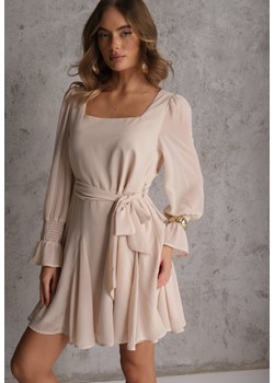 Beżowa Sukienka VICES z Półtransparentnymi Rękawami Wiązania w Talii Resmosa ze sklepu renee.pl w kategorii Sukienki - zdjęcie 188916628