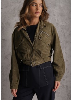 Zielona Kurtka Utility Cropped z Imitacji Zamszu z Suwakami i Paskiem w Talii Gleania ze sklepu renee.pl w kategorii Kurtki damskie - zdjęcie 188916639