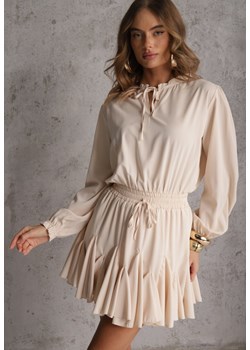 Beżowa Sukienka z Wiskozą o Rozkloszowanym Kroju z Falbankami i Wiązaniem Meriianes ze sklepu renee.pl w kategorii Sukienki - zdjęcie 188916657