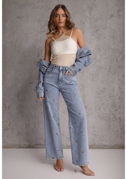 Niebieskie Szerokie Jeansy z Bawełną High Waist z Haftowanym Wzorem Donlopes ze sklepu renee.pl w kategorii Jeansy damskie - zdjęcie 188917858
