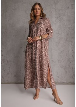Beżowa Sukienka z Wiskozą o Koszulowym Kroju w Giraffe Print Braloria ze sklepu renee.pl w kategorii Sukienki - zdjęcie 188917875