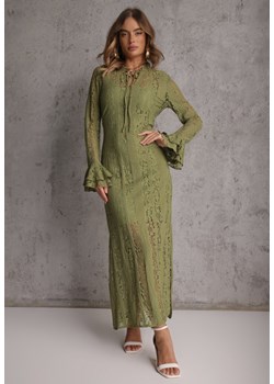 Zielona Taliowana Sukienka z Koronki Zdobiona Wiązaniem przy Szyi Terienna ze sklepu renee.pl w kategorii Sukienki - zdjęcie 188917885