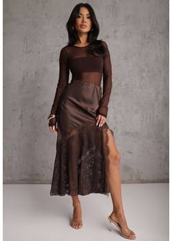 Brązowa Satynowa Spódnica Ozdobiona Rozcięciem na Nogę i Koronką Saviraet ze sklepu renee.pl w kategorii Spódnice - zdjęcie 188938979