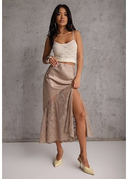 Beżowa Satynowa Spódnica Ozdobiona Rozcięciem na Nogę i Koronką Saviraet ze sklepu renee.pl w kategorii Spódnice - zdjęcie 188938985