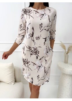 Beżowa Sukienka z Motywem Roślinnym ze sklepu ModnaKiecka.pl w kategorii Sukienki - zdjęcie 188983536