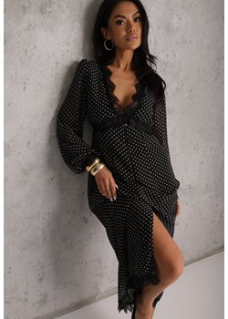Czarna Sukienka w Kropki Ozdobiona Koronką i Przezroczystymi Rękawami Neanirae ze sklepu renee.pl w kategorii Sukienki - zdjęcie 189062139