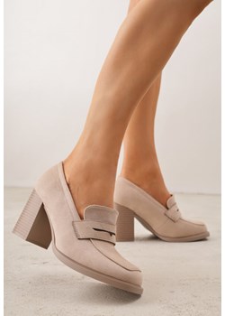 Beżowe Półbuty Mokasyny na Słupku z Geometryczną Wstawką Edalinae ze sklepu renee.pl w kategorii Półbuty damskie - zdjęcie 189080426