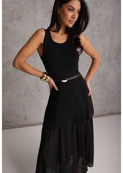 Czarna Dzianinowa Sukienka z Wiskozą Zdobiona Podszewką i Paskiem z Klamrą Arkilia ze sklepu renee.pl w kategorii Sukienki - zdjęcie 189081899