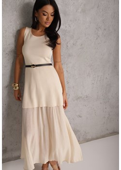 Beżowa Dzianinowa Sukienka z Wiskozą Zdobiona Podszewką i Paskiem z Klamrą Arkilia ze sklepu renee.pl w kategorii Sukienki - zdjęcie 189081905