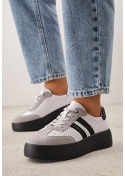 Biało-Szare Skórzane Sneakersy na Grubej Podeszwie Ozdobione  Paskami i Perforacją Wiefia ze sklepu born2be.pl w kategorii Buty sportowe damskie - zdjęcie 189083826
