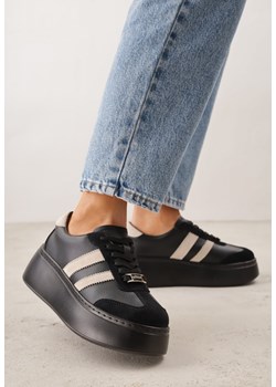 Czarno-Beżowe Skórzane Sneakersy na Grubej Podeszwie z Geometrycznym Wzorem Rivimi ze sklepu born2be.pl w kategorii Buty sportowe damskie - zdjęcie 189083876