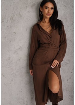 Brązowa Koszulowa Sukienka z Wiskozy z Asymetrycznym Drapowaniem i Guzikiem Hetasa ze sklepu renee.pl w kategorii Sukienki - zdjęcie 189084218