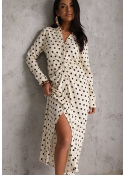 Beżowy Koszulowa Sukienka z Wiskozy z Dodatkiem Lnu z Drapowaną Talią Edrilith ze sklepu renee.pl w kategorii Sukienki - zdjęcie 189084408