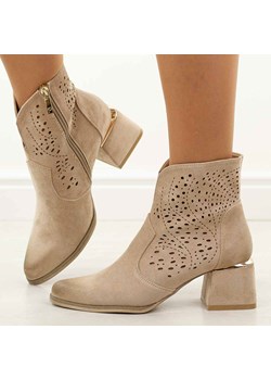 Beżowe ażurowe botki damskie na obcasie Potocki 12357 ze sklepu suzana.pl w kategorii Botki - zdjęcie 189102665