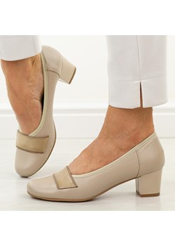 Beżowe skórzane Polskie czółenka damskie na obcasie Gregors 1060 ze sklepu suzana.pl w kategorii Czółenka - zdjęcie 189102795