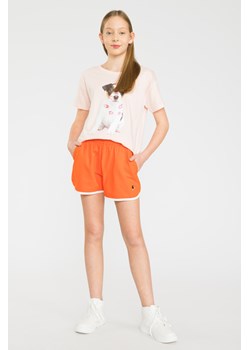 Pomarańczowe krótkie dresowe spodenki z haftem, Rozmiar - 140, Kolor - Pomarańczowy ze sklepu REPORTER w kategorii Spodenki dziewczęce - zdjęcie 189105236