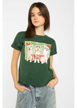 Zielony T-shirt ze świątecznym nadrukiem, Rozmiar - 140, Kolor - Zielony ze sklepu REPORTER w kategorii Bluzki dziewczęce - zdjęcie 189106029