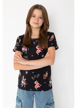 Czarny T-shirt ze świątecznym nadrukiem, Rozmiar - 170, Kolor - Czarny ze sklepu REPORTER w kategorii Bluzki dziewczęce - zdjęcie 189106055