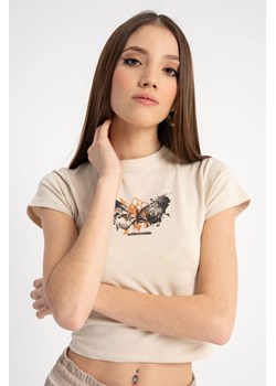 Beżowy CROP TOP z minimalistyczną grafiką z przodu, Rozmiar - 140, Kolor - Beżowy ze sklepu REPORTER w kategorii Bluzki dziewczęce - zdjęcie 189108766