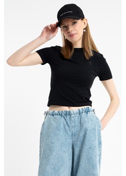 Czarna bluzka SLIM z minimalistyczną aplikacją z krótkimi rękawami, Rozmiar - 140, Kolor - Czarny ze sklepu REPORTER w kategorii Bluzki dziewczęce - zdjęcie 189109327