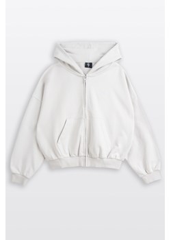 Jasnoszara bluza BOXY z kapturem  minimalistycznym haftem, Rozmiar - 146, Kolor - Szary ze sklepu REPORTER w kategorii Bluzy dziewczęce - zdjęcie 189111036