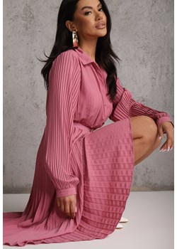 Fuksjowa Koszulowa Sukienka z Plisowanymi Zdobieniami i Paskiem z Klamrą Efrivelle ze sklepu renee.pl w kategorii Sukienki - zdjęcie 189111639
