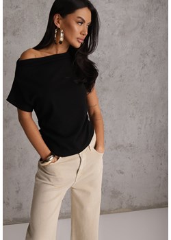 Czarny T-shirt z Bawełny z Dekoltem Łódką i Drapowaniem w Pasie Savalira ze sklepu renee.pl w kategorii Bluzki damskie - zdjęcie 189122765