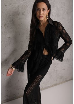 Czarna Wiskozowa Koronkowa Koszula z Bawełną i Falbanami  Oraeno ze sklepu renee.pl w kategorii Koszule damskie - zdjęcie 189128289