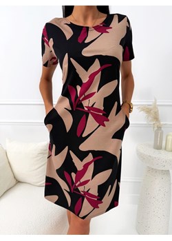 Brązowa Prosta Sukienka w Bordowy Wzór ze sklepu ModnaKiecka.pl w kategorii Sukienki - zdjęcie 189143037