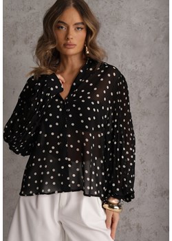 Czarna Koszula z Wiskozy i Bawełny Zdobiona Groszkami i Plisami na Rękawach Osharus ze sklepu renee.pl w kategorii Koszule damskie - zdjęcie 189171625