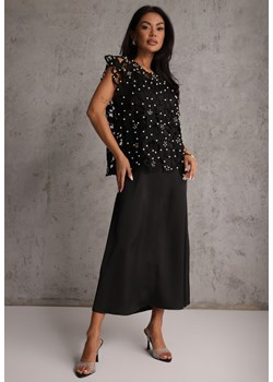 Czarna Bawełniano-Wiskozowa Sukienka Slip Dress z Ozdobną Narzutką Sagossia ze sklepu renee.pl w kategorii Sukienki - zdjęcie 189171658