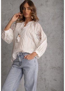 Biała Wiązana Bluzka w Stylu Boho z Tencelu z Koralikami i Koronką Helotis ze sklepu renee.pl w kategorii Bluzki damskie - zdjęcie 189171676