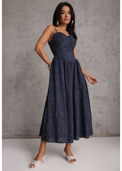 Granatowa Rozkloszowana Sukienka z Bawełny na Ramiączka Zdobiona Haftem Adozaphaura ze sklepu renee.pl w kategorii Sukienki - zdjęcie 189171708