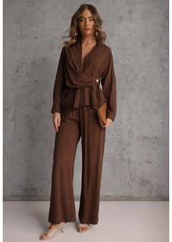 Brązowy Komplet z Wiskozy Spodnie Szerokie i Koszula z Ozdobnym Materiałem Airial ze sklepu renee.pl w kategorii Komplety i garnitury damskie - zdjęcie 189171756
