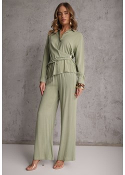 Zielony Komplet z Wiskozy Spodnie Szerokie i Koszula z Ozdobnym Materiałem Airial ze sklepu renee.pl w kategorii Komplety i garnitury damskie - zdjęcie 189171766