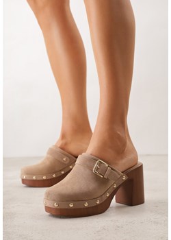 Ciemnobeżowe Klapki na Słupku w Stylu Chodaków z Klamrami i Nitami Semelaia ze sklepu renee.pl w kategorii Klapki damskie - zdjęcie 189171929