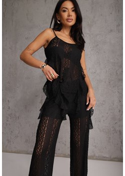 Czarny Eteryczny Komplet z Koronką i Falbankami Top i Spodnie Wide Leg Pretilaine ze sklepu renee.pl w kategorii Komplety i garnitury damskie - zdjęcie 189171965
