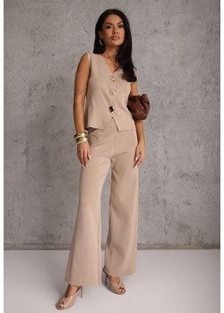 Jasnobrązowy Komplet z Wiskozą Szerokie Spodnie i Kamizelka z Aplikacjami 3D Hirimi ze sklepu renee.pl w kategorii Komplety i garnitury damskie - zdjęcie 189207158