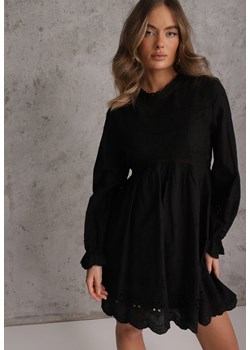 Czarna Rustykalna Sukienka z Bawełną Zdobiona Haftem i Ażurowymi Wycięciami Winlith ze sklepu renee.pl w kategorii Sukienki - zdjęcie 189223976