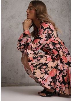 Czarna Sukienka z Wiskozy w Kwiatowy Print Ozdobiona Paskiem Asintena ze sklepu renee.pl w kategorii Sukienki - zdjęcie 189224018