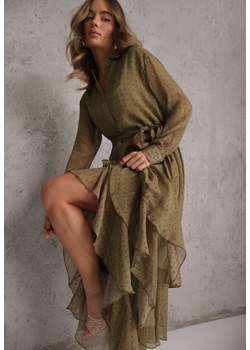 Zielona Sukienka o Koszulowym Kroju z Przedłużonym Tyłem i Falbanami Savarinna ze sklepu renee.pl w kategorii Sukienki - zdjęcie 189224026