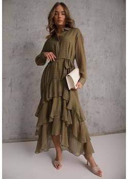 Zielona Sukienka o Koszulowym Kroju z Przedłużonym Tyłem i Falbanami Savarinna ze sklepu renee.pl w kategorii Sukienki - zdjęcie 189224027