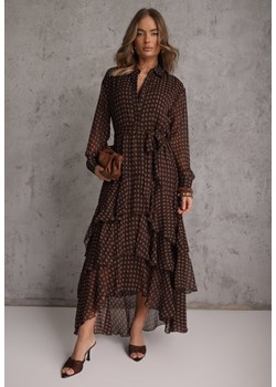 Brązowa Sukienka o Koszulowym Kroju z Przedłużonym Tyłem i Falbanami Savarinna ze sklepu renee.pl w kategorii Sukienki - zdjęcie 189224029