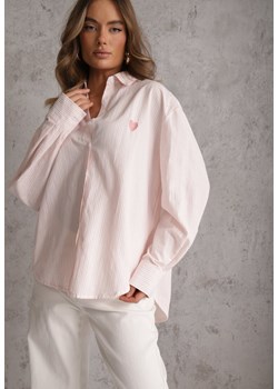 Różowa Koszula z Bawełną w Paski z Haftowaną Aplikacją Serca Sewrona ze sklepu renee.pl w kategorii Koszule damskie - zdjęcie 189224058