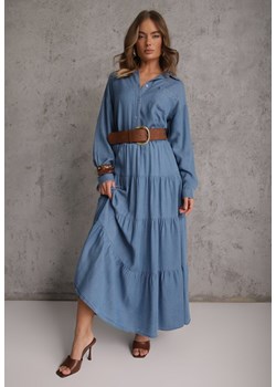 Niebieska Spódnica Rozkloszowana z Lyocellu High Waist Ozdobiona Falbanami Ravienne ze sklepu renee.pl w kategorii Spódnice - zdjęcie 189224066