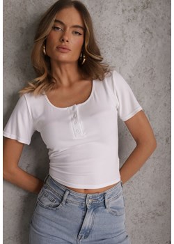 Biały Top z Bawełny Ozdobiony Guzikami przy Dekolcie Nediva ze sklepu renee.pl w kategorii Bluzki damskie - zdjęcie 189224106